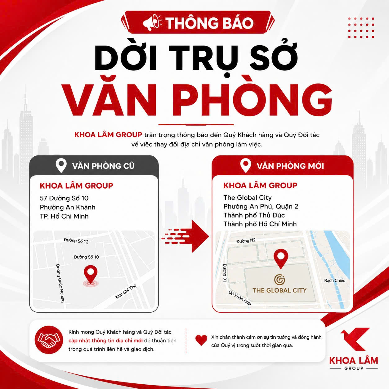 Thông báo dời trụ sở văn phòng Khoa Lâm Group.